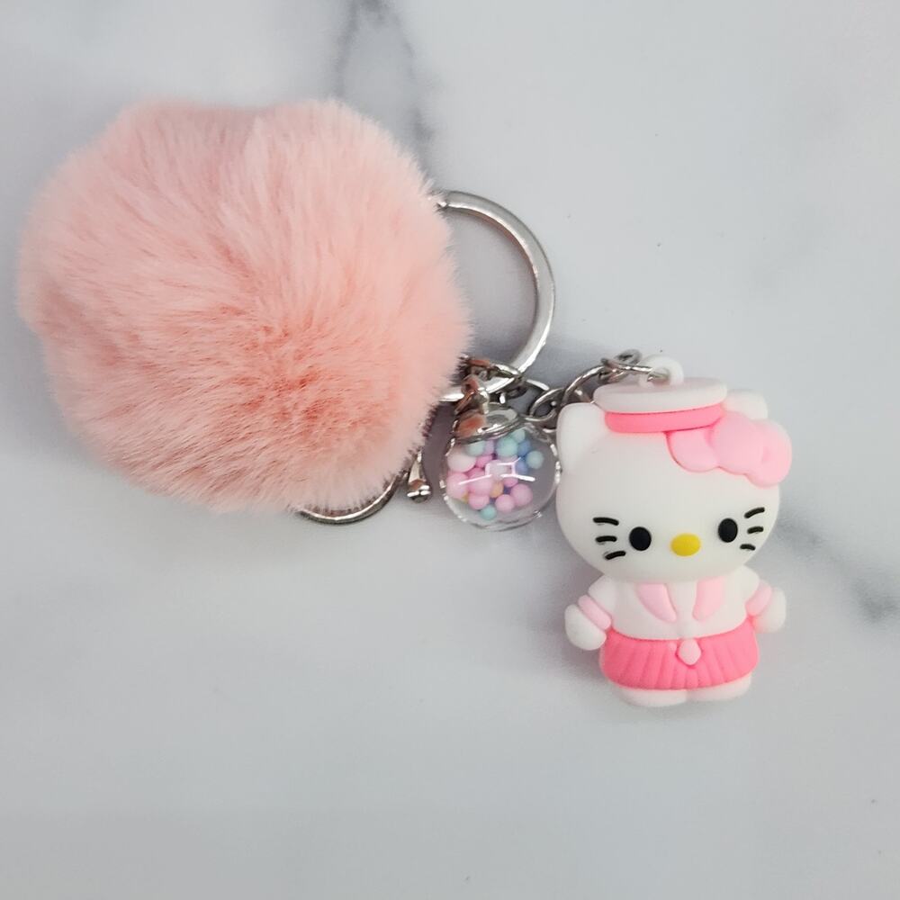 Hello Kitty 3D Figure Keychain puff ball & mini bead filled bubble Pink Peach